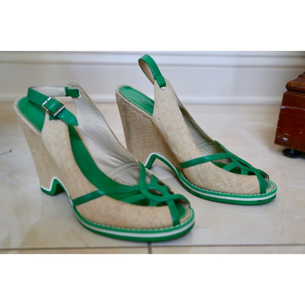 Marc Jacobs Canvas and Green Peep Toe Wedge Sandal